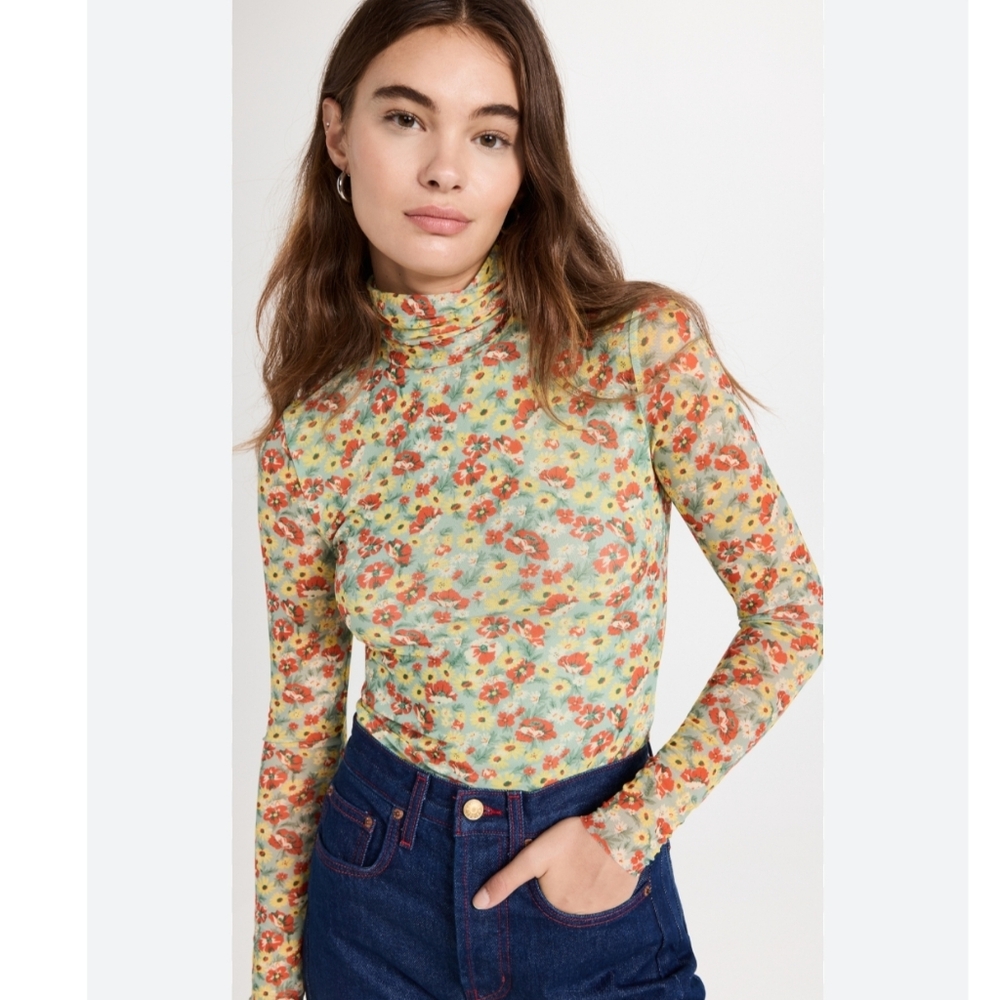 Ganni Floral Mesh Long Sleeve Top in Yellow and Red